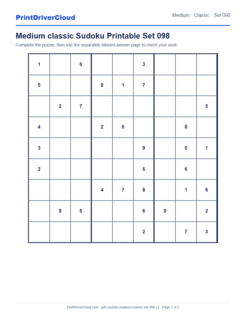 Preview of Medium classic Sudoku Printable Set 098