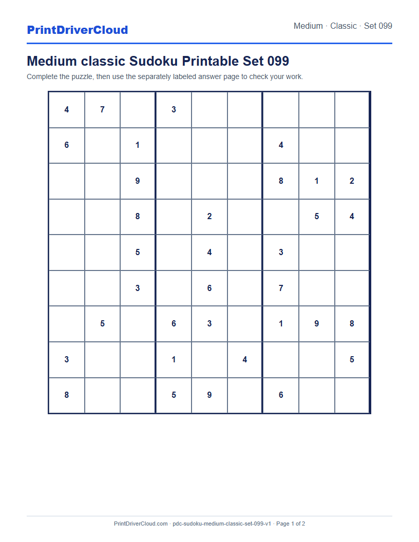 Preview of Medium classic Sudoku Printable Set 099