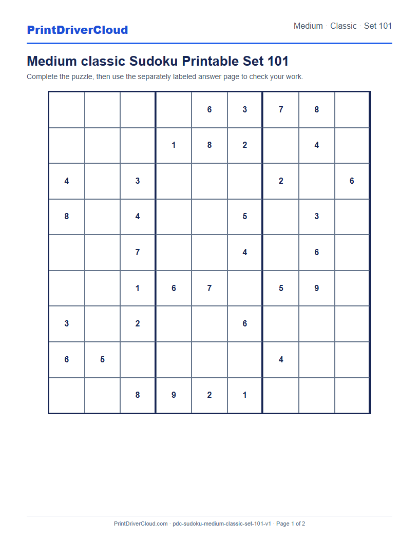 Preview of Medium classic Sudoku Printable Set 101