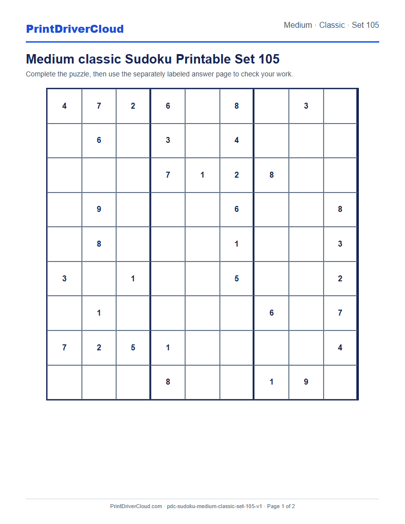 Preview of Medium classic Sudoku Printable Set 105