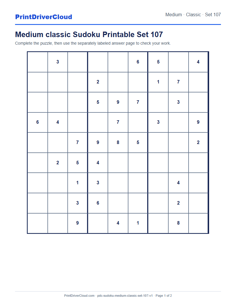 Preview of Medium classic Sudoku Printable Set 107