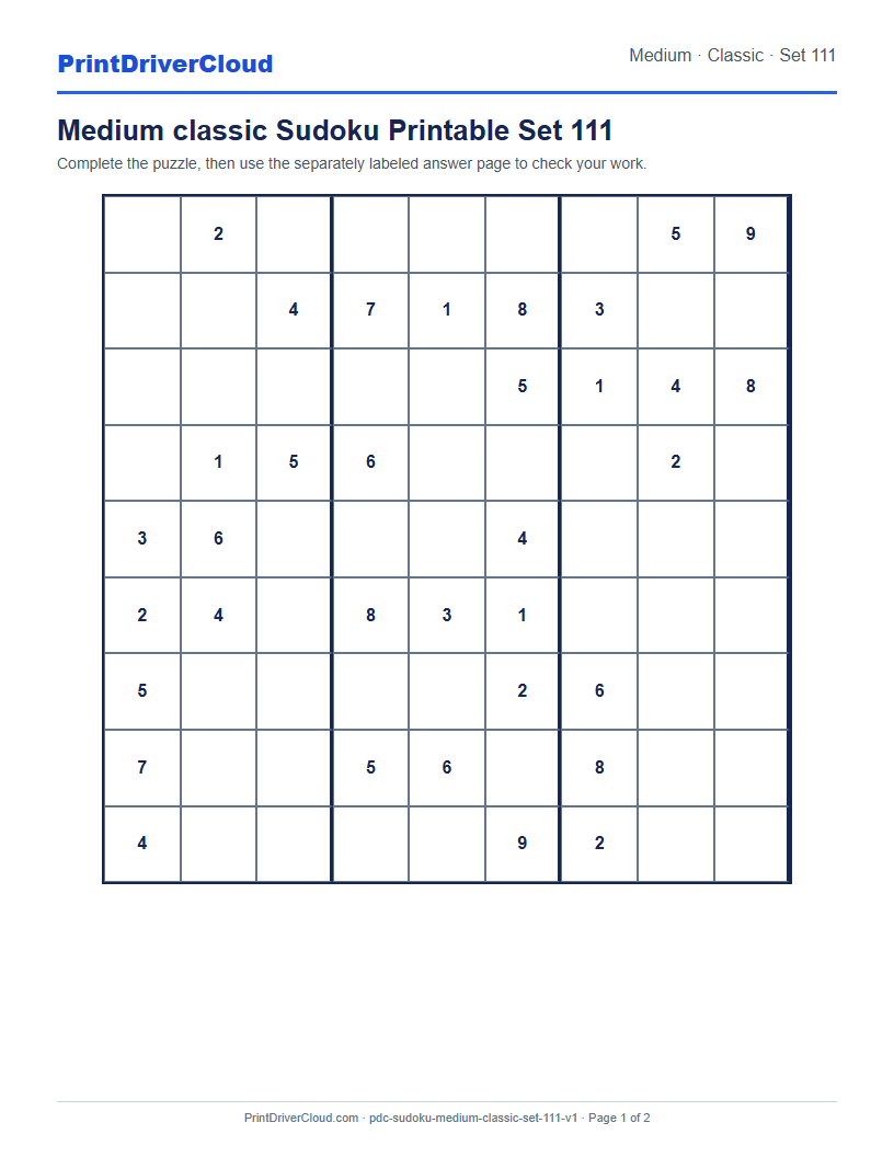 Preview of Medium classic Sudoku Printable Set 111