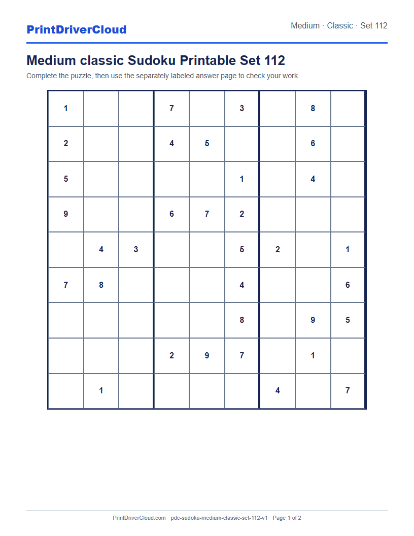 Preview of Medium classic Sudoku Printable Set 112
