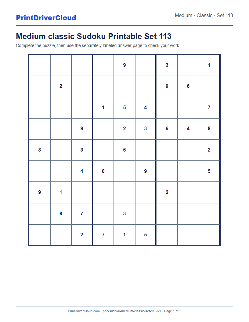 Preview of Medium classic Sudoku Printable Set 113