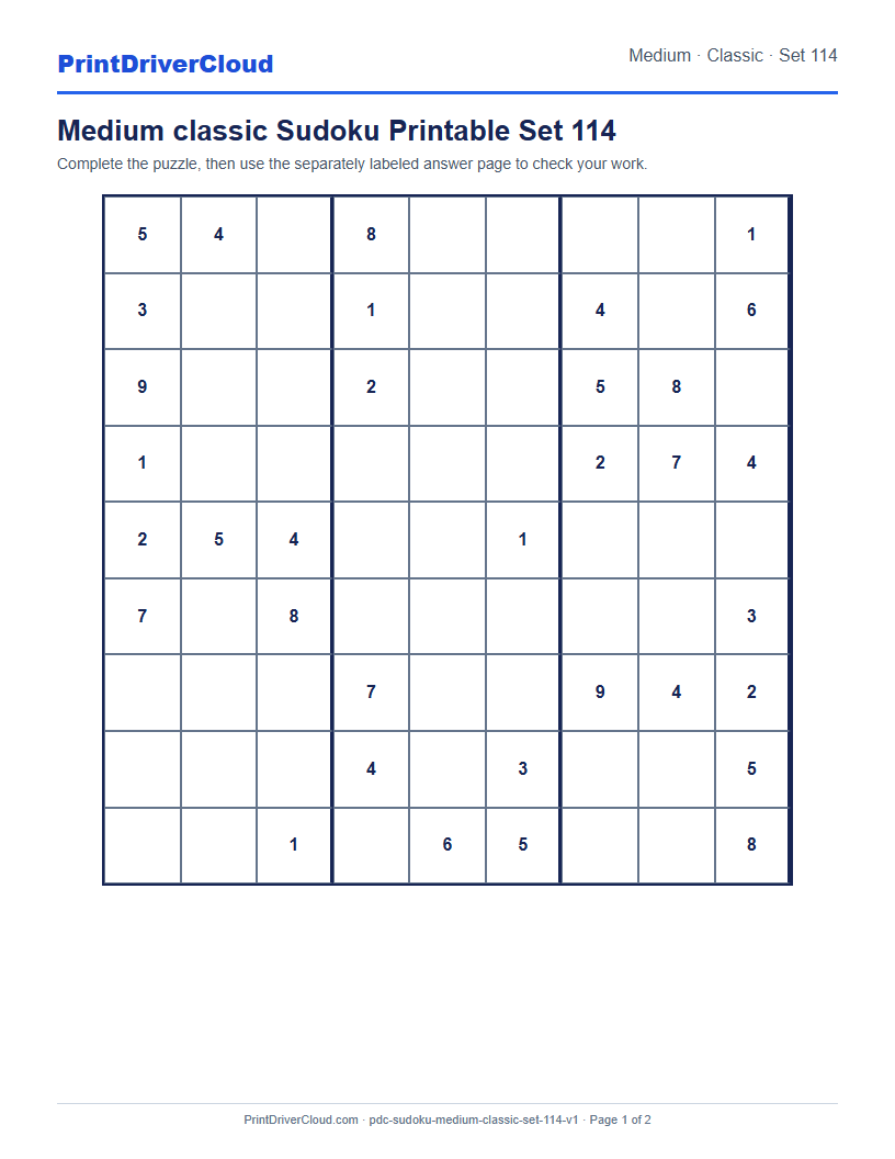 Preview of Medium classic Sudoku Printable Set 114