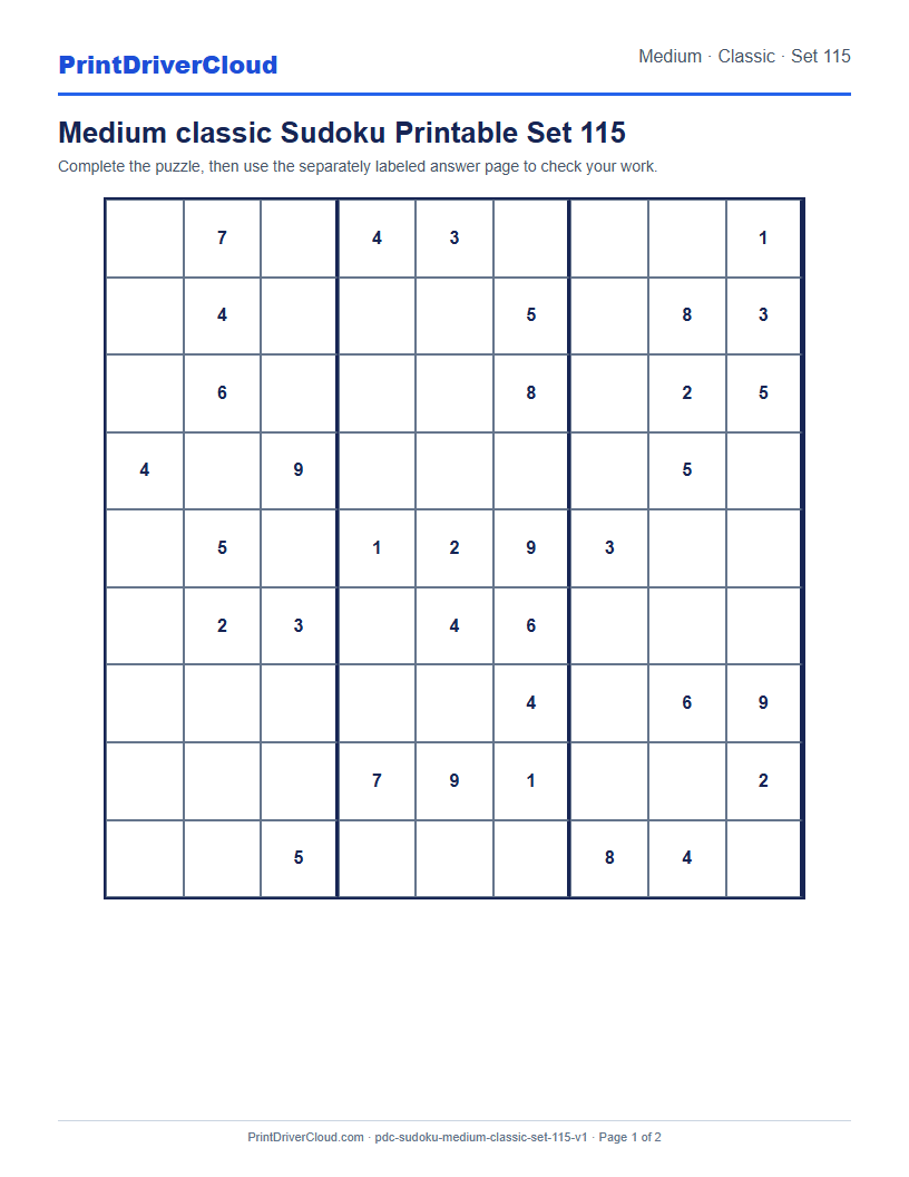 Preview of Medium classic Sudoku Printable Set 115