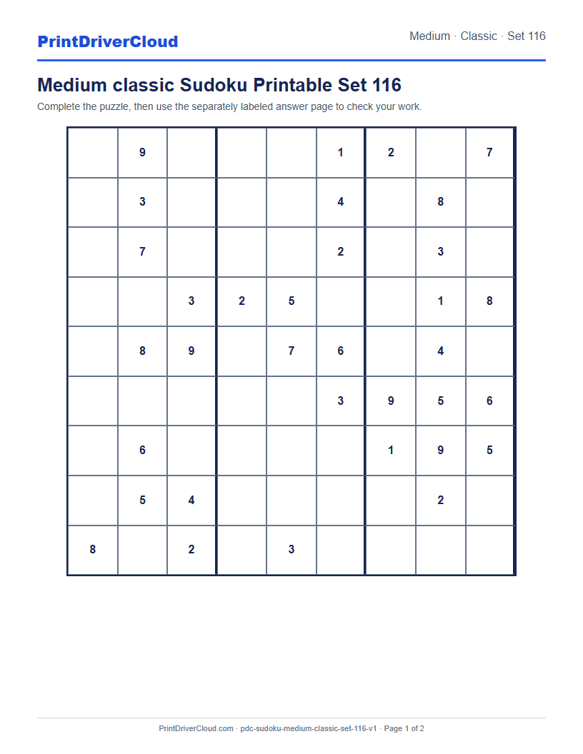 Preview of Medium classic Sudoku Printable Set 116