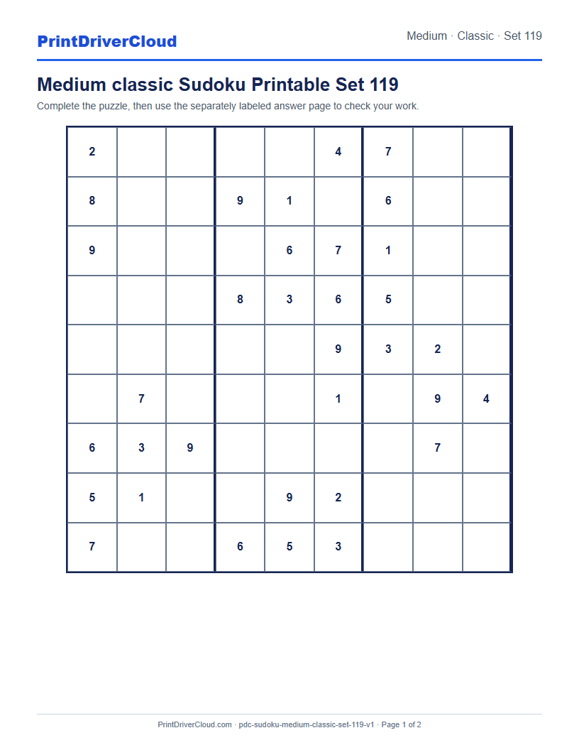Preview of Medium classic Sudoku Printable Set 119