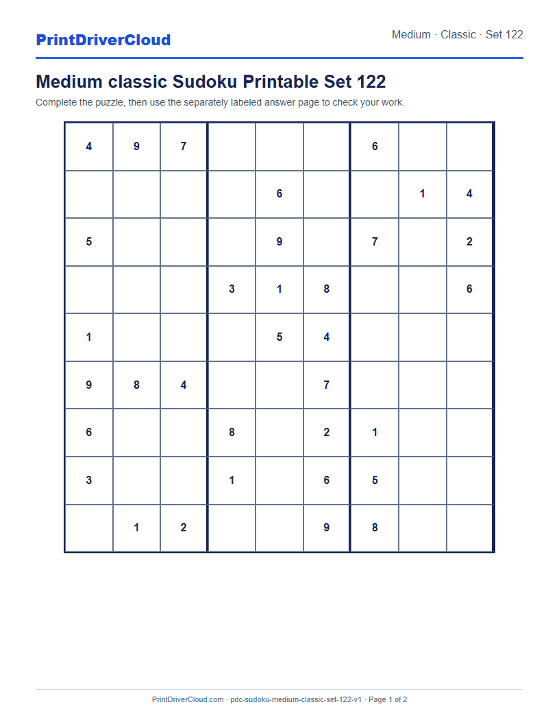 Preview of Medium classic Sudoku Printable Set 122
