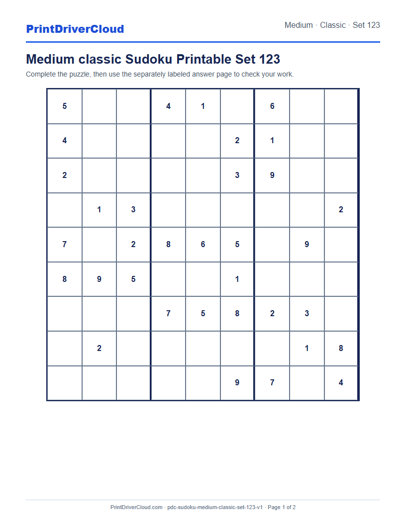 Preview of Medium classic Sudoku Printable Set 123