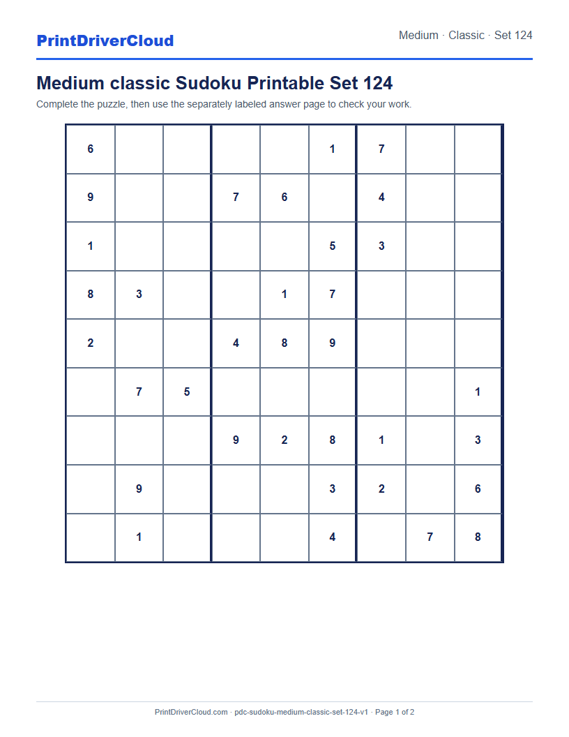Preview of Medium classic Sudoku Printable Set 124