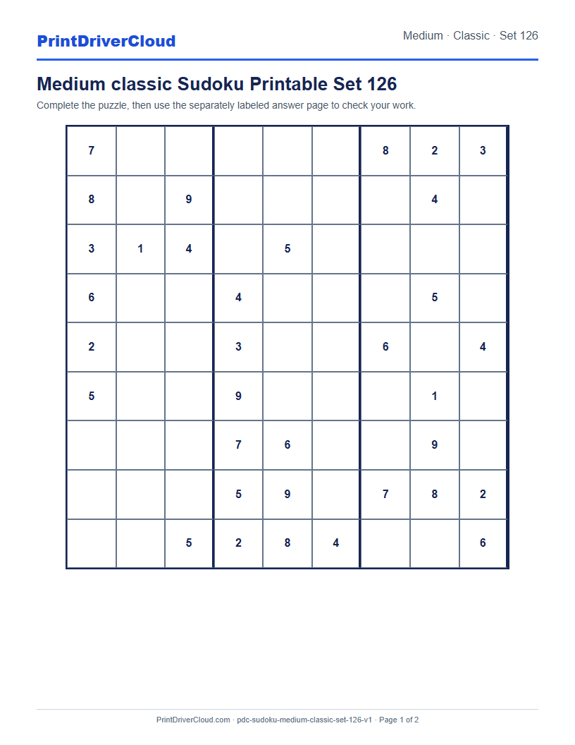 Preview of Medium classic Sudoku Printable Set 126