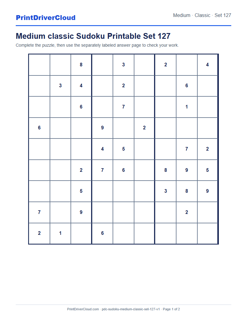 Preview of Medium classic Sudoku Printable Set 127