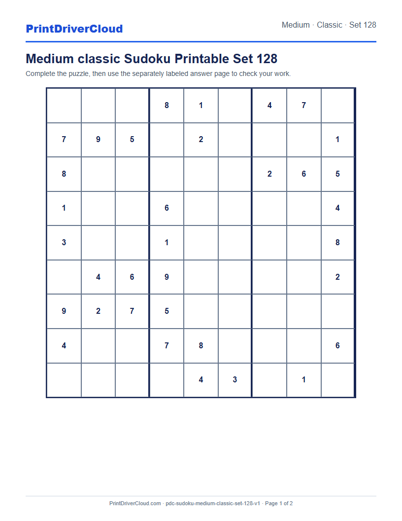 Preview of Medium classic Sudoku Printable Set 128