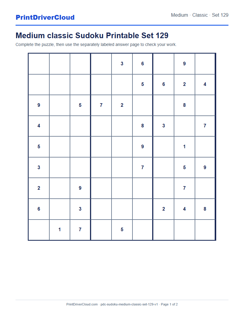 Preview of Medium classic Sudoku Printable Set 129