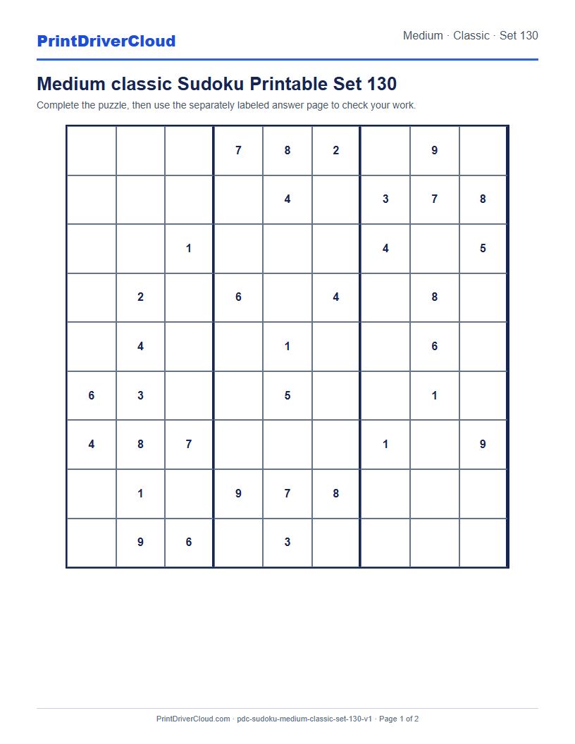 Preview of Medium classic Sudoku Printable Set 130