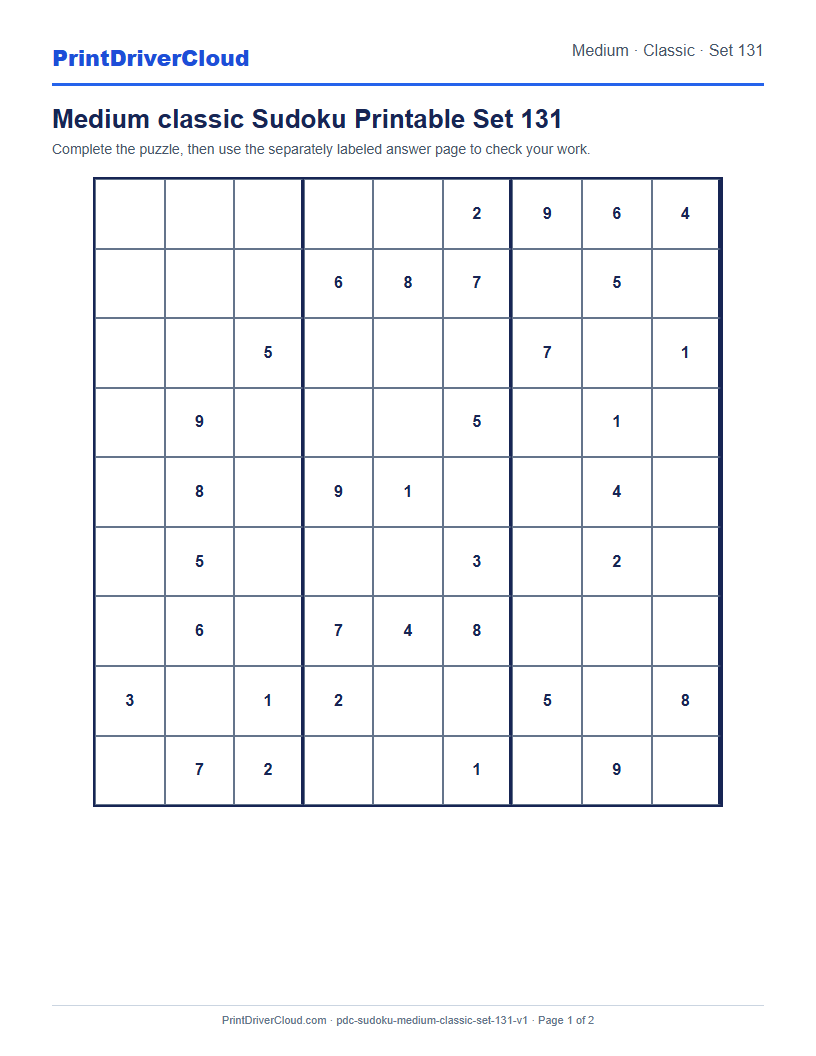 Preview of Medium classic Sudoku Printable Set 131