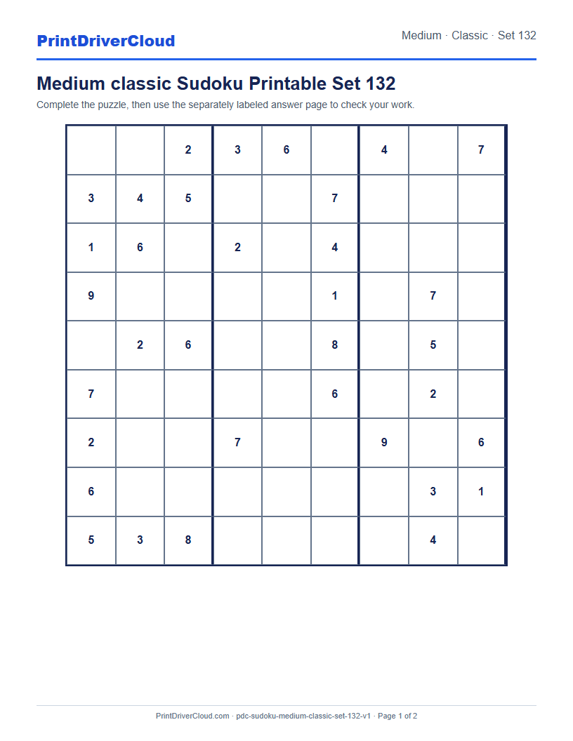 Preview of Medium classic Sudoku Printable Set 132