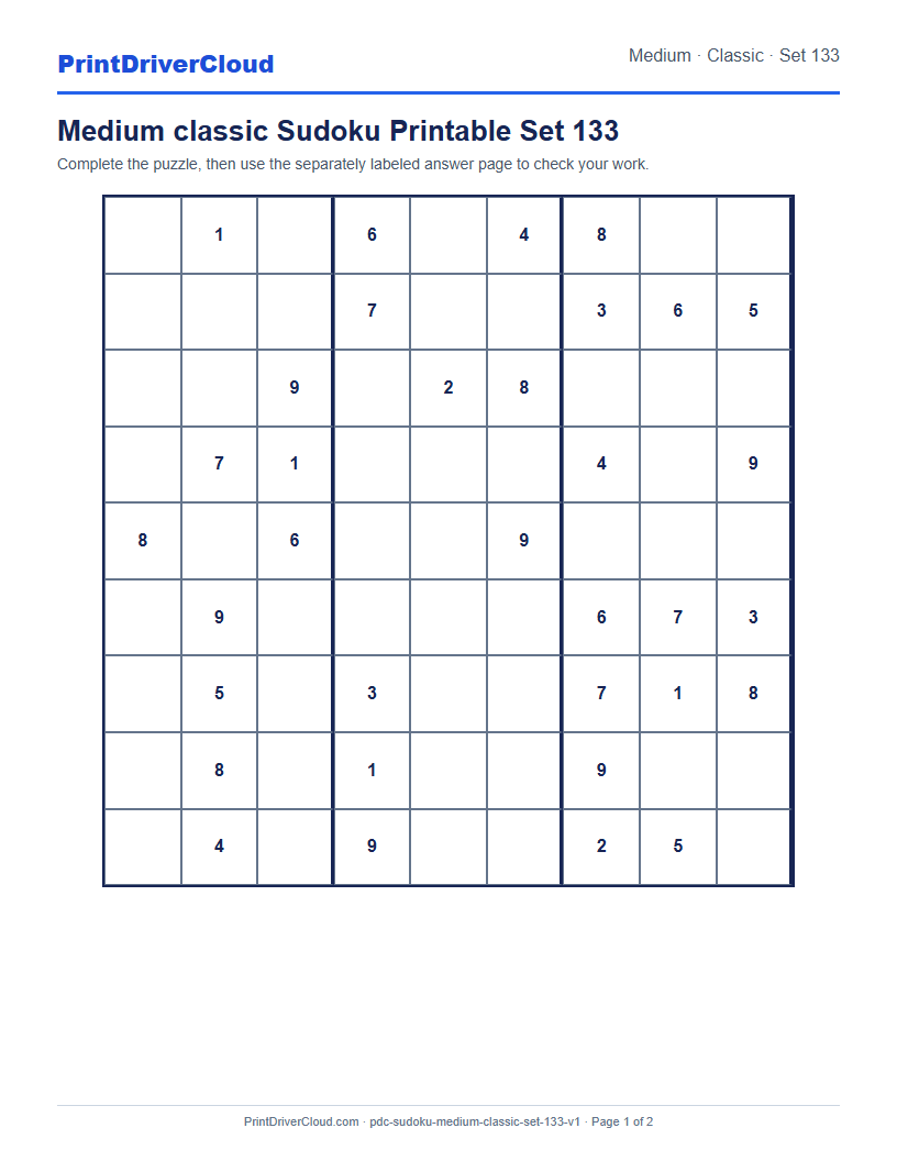 Preview of Medium classic Sudoku Printable Set 133
