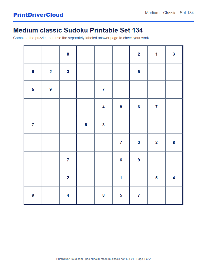 Preview of Medium classic Sudoku Printable Set 134