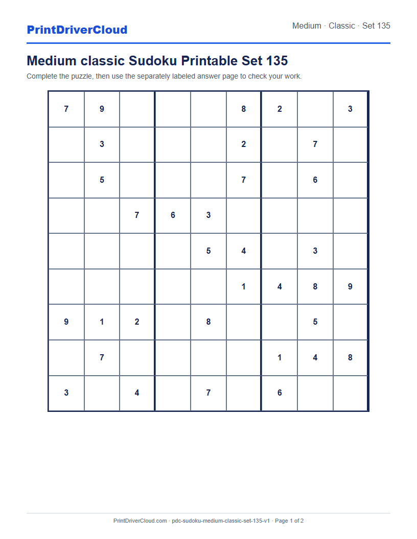 Preview of Medium classic Sudoku Printable Set 135