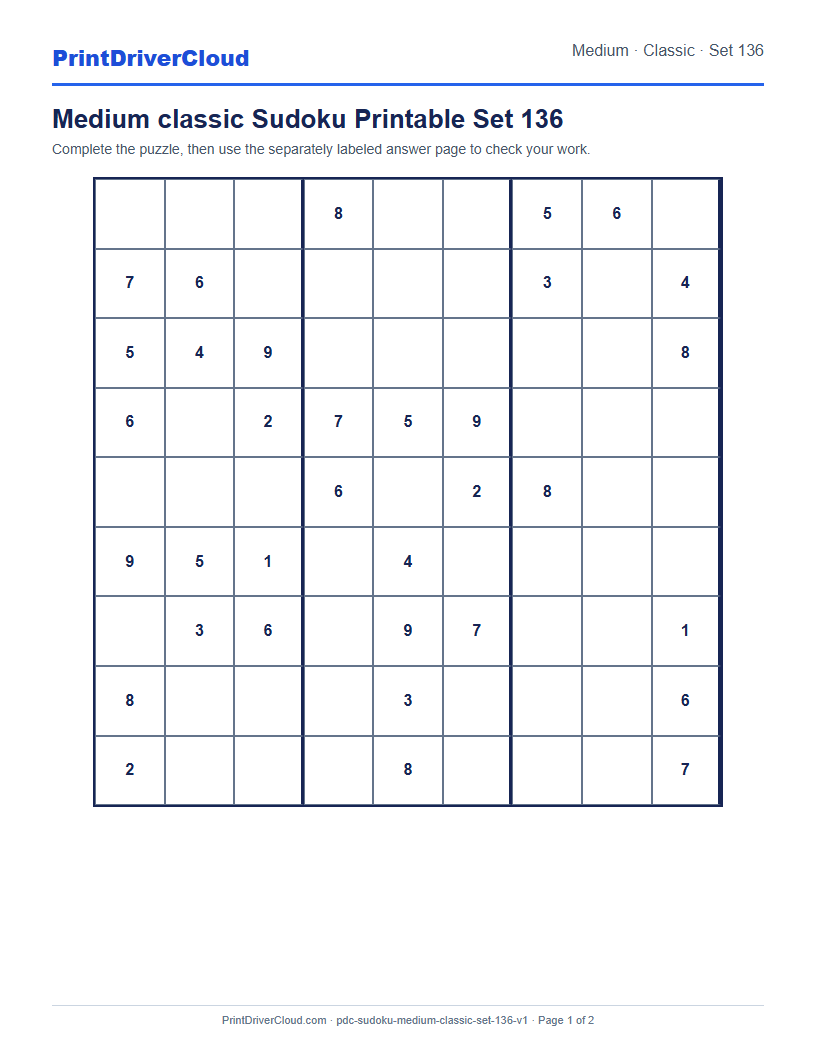 Preview of Medium classic Sudoku Printable Set 136