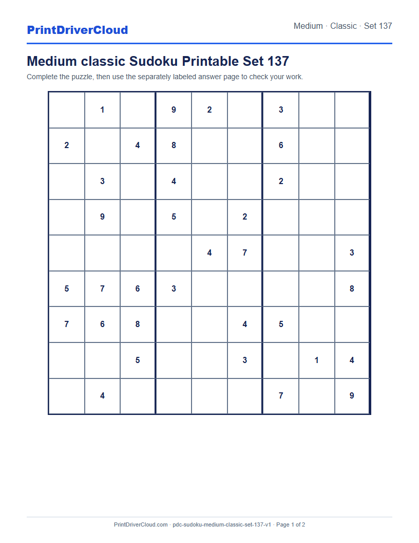 Preview of Medium classic Sudoku Printable Set 137