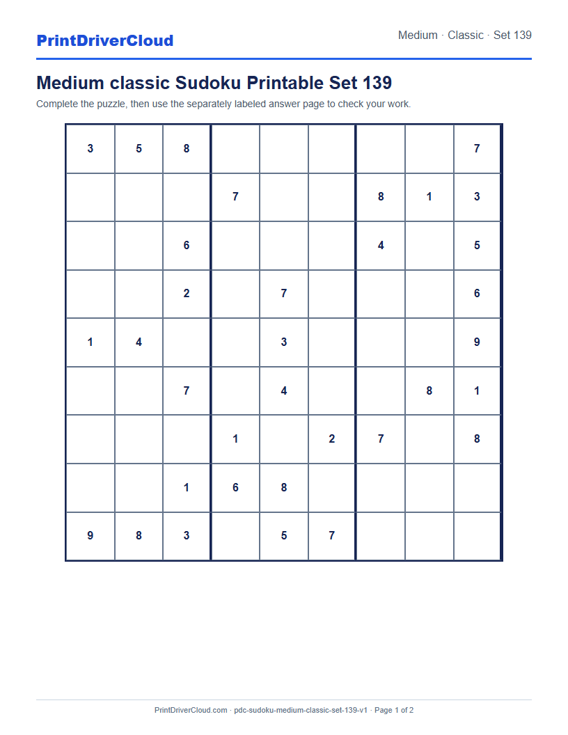 Preview of Medium classic Sudoku Printable Set 139