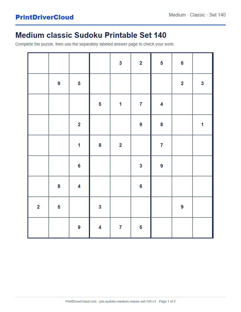 Preview of Medium classic Sudoku Printable Set 140