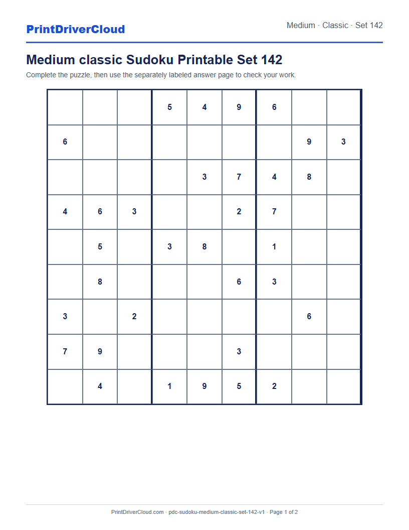 Preview of Medium classic Sudoku Printable Set 142