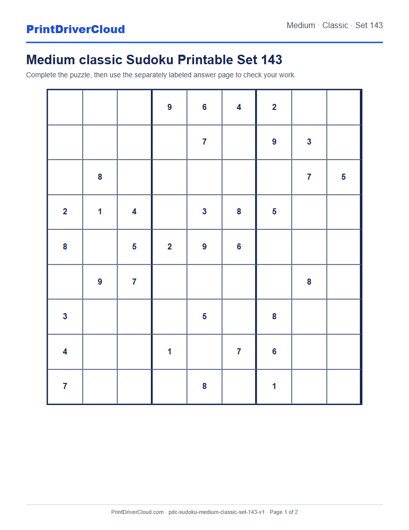 Preview of Medium classic Sudoku Printable Set 143
