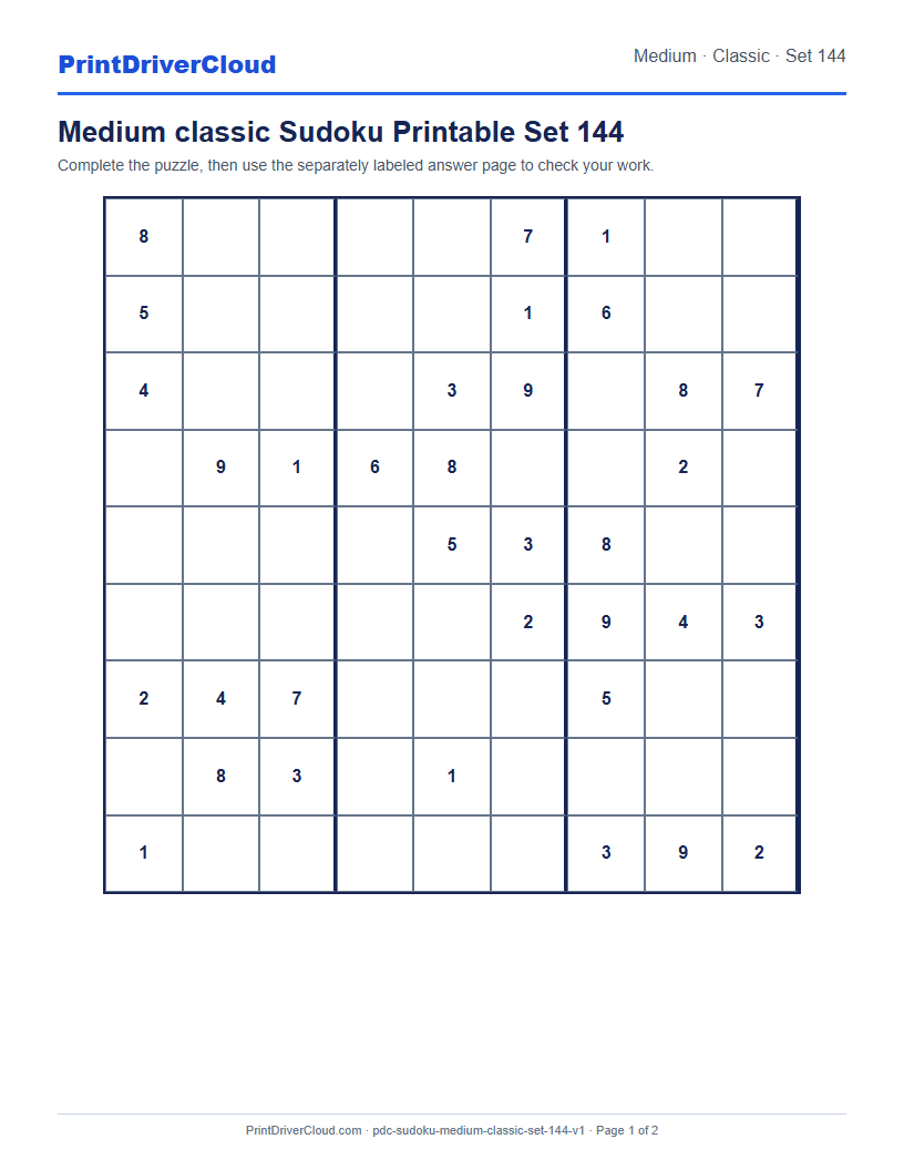 Preview of Medium classic Sudoku Printable Set 144