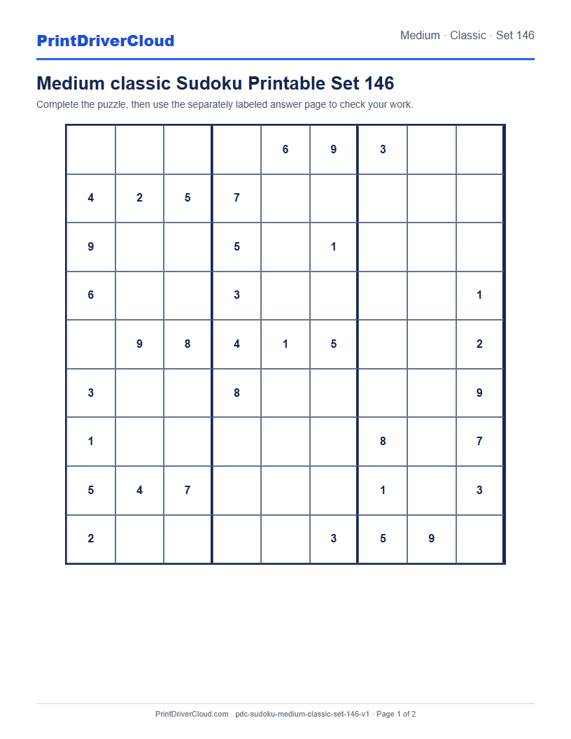 Preview of Medium classic Sudoku Printable Set 146