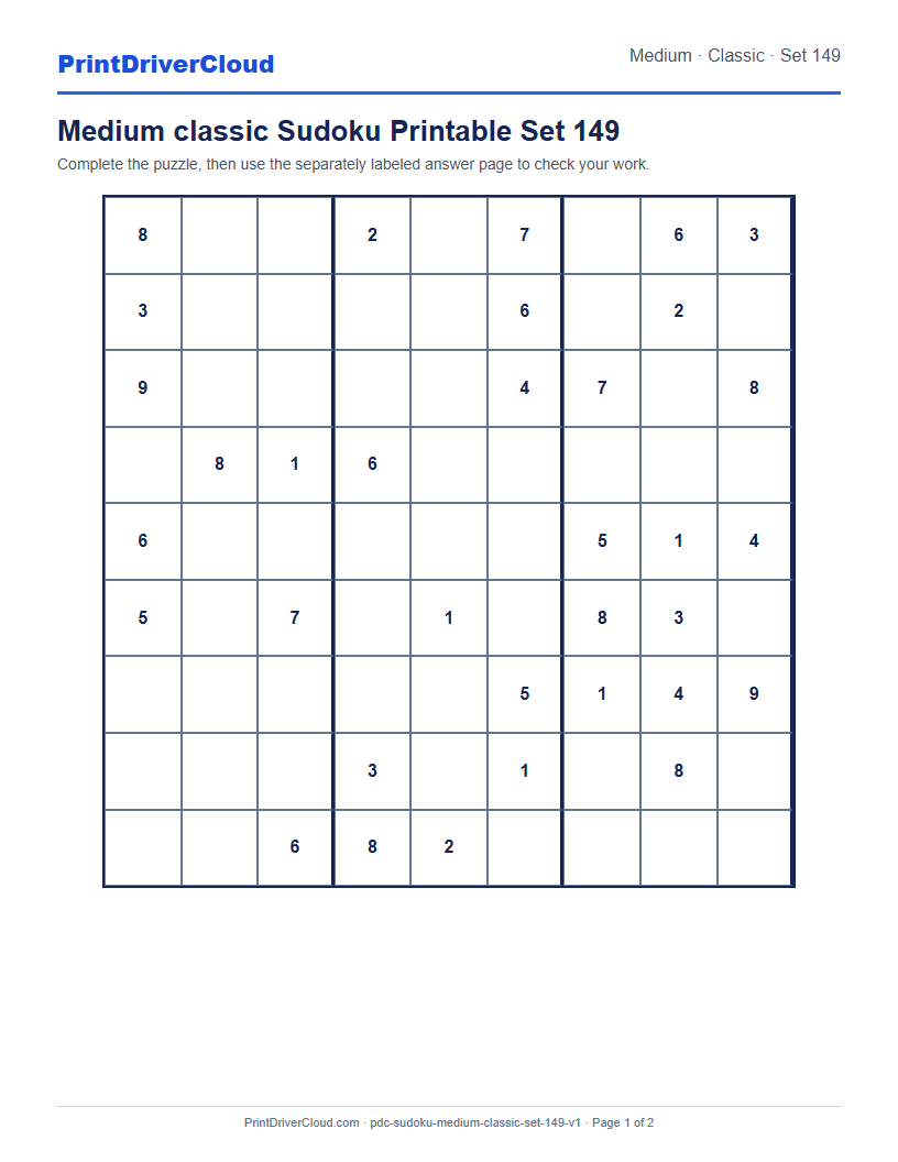 Preview of Medium classic Sudoku Printable Set 149