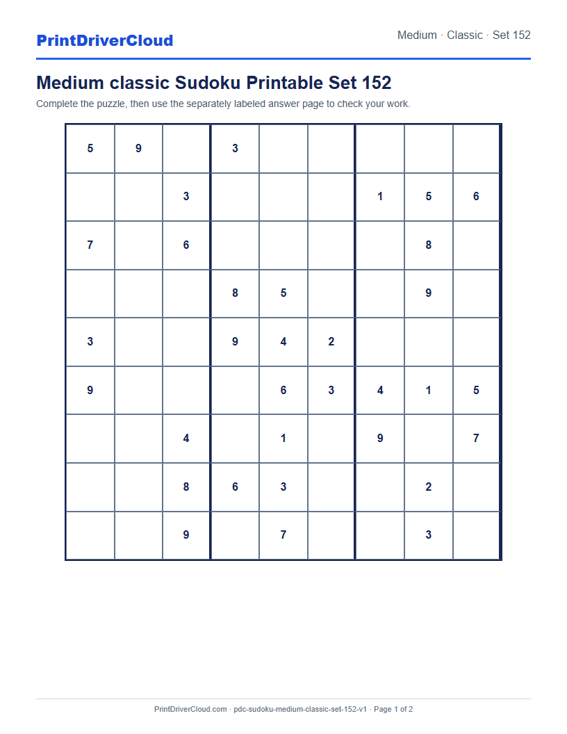 Preview of Medium classic Sudoku Printable Set 152