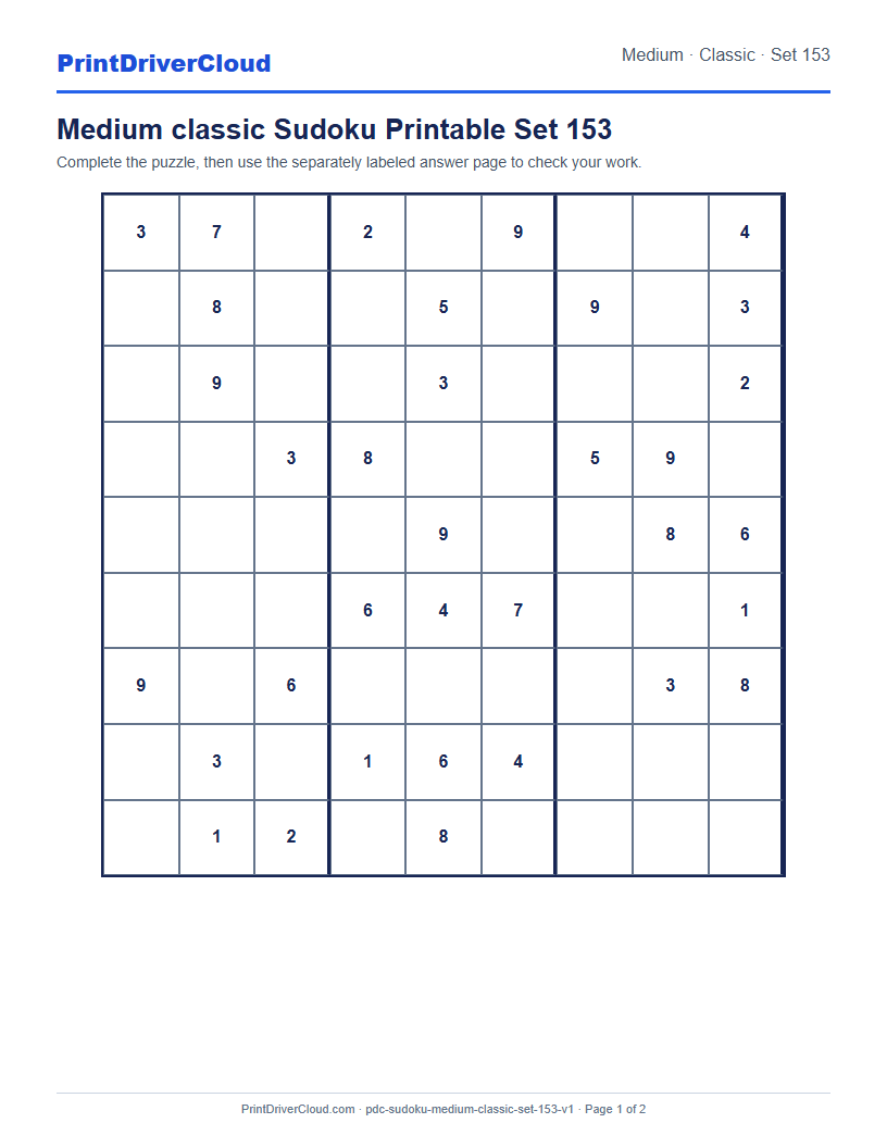 Preview of Medium classic Sudoku Printable Set 153