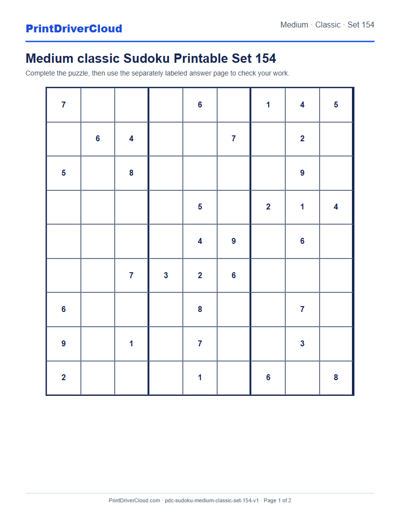 Preview of Medium classic Sudoku Printable Set 154