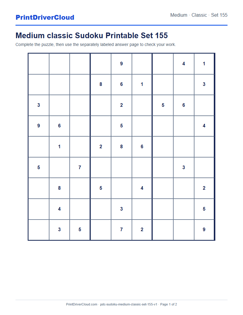 Preview of Medium classic Sudoku Printable Set 155
