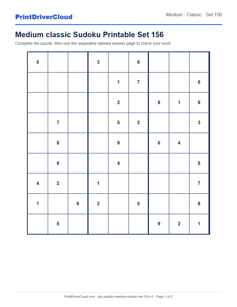 Preview of Medium classic Sudoku Printable Set 156