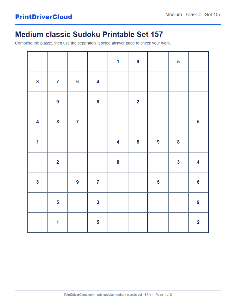 Preview of Medium classic Sudoku Printable Set 157