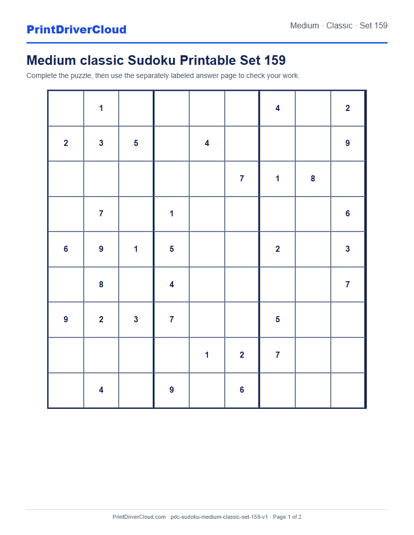 Preview of Medium classic Sudoku Printable Set 159