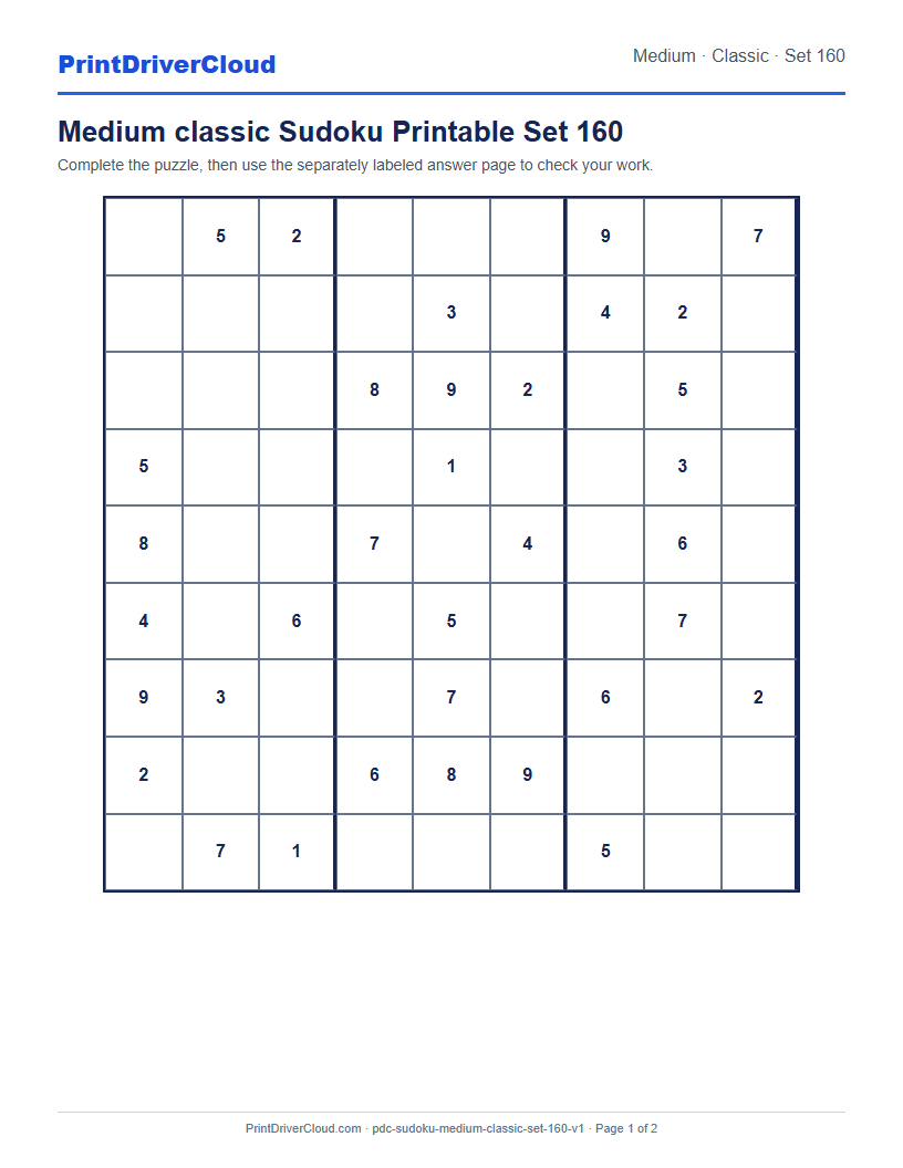Preview of Medium classic Sudoku Printable Set 160