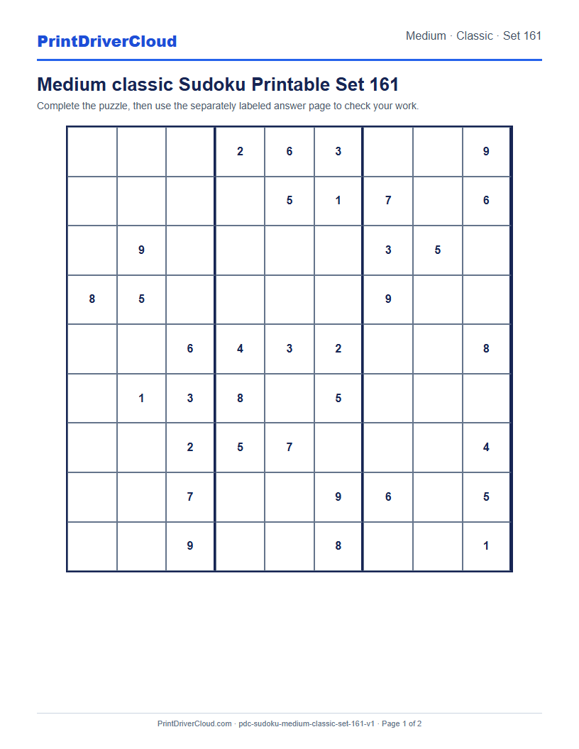 Preview of Medium classic Sudoku Printable Set 161