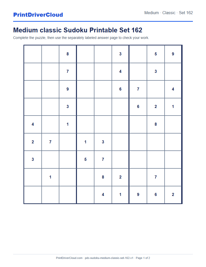 Preview of Medium classic Sudoku Printable Set 162
