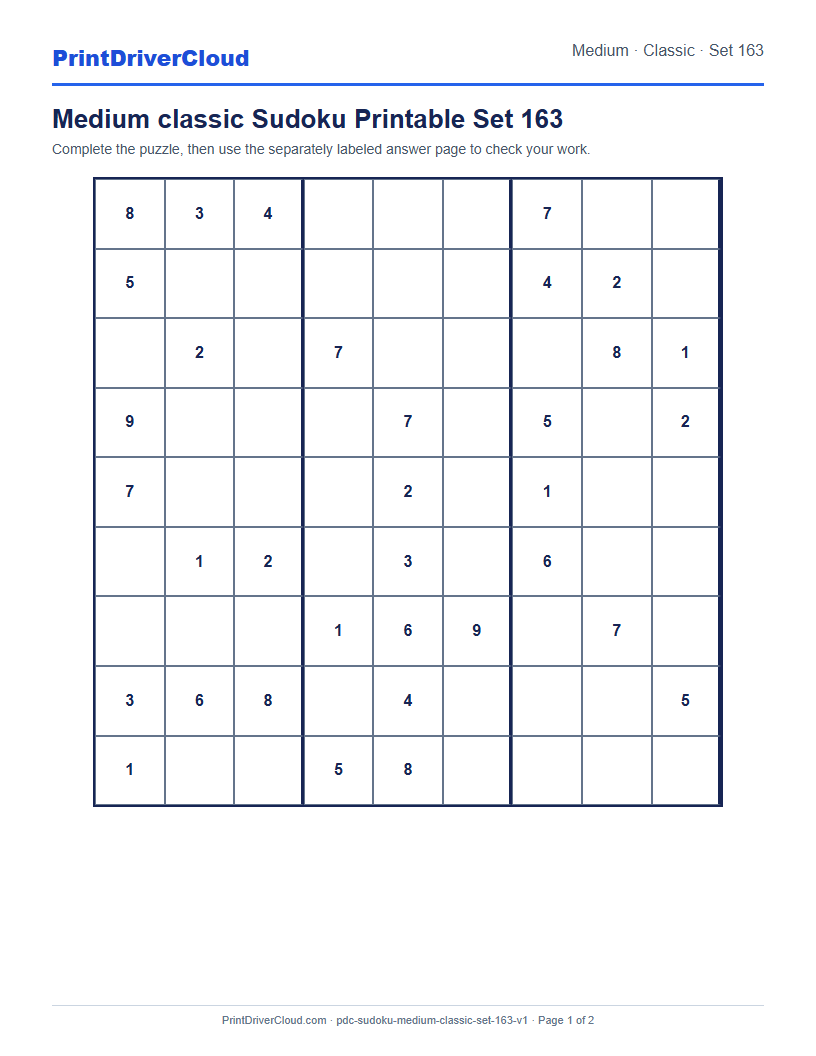 Preview of Medium classic Sudoku Printable Set 163