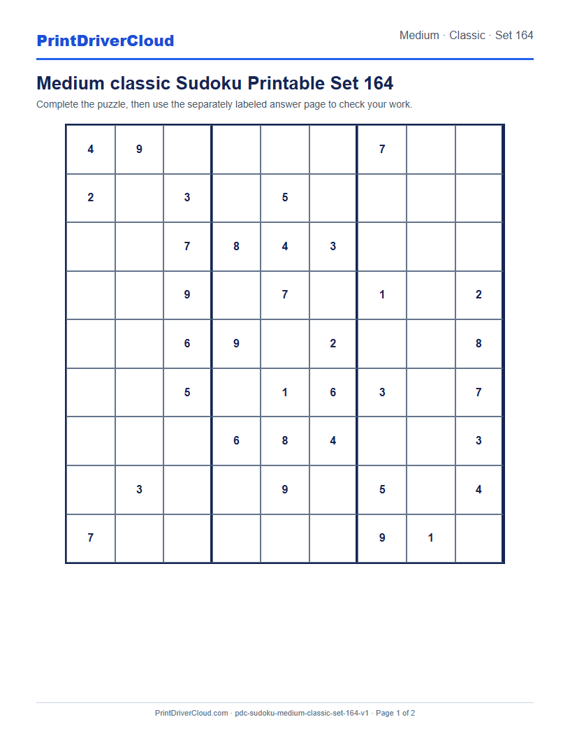 Preview of Medium classic Sudoku Printable Set 164