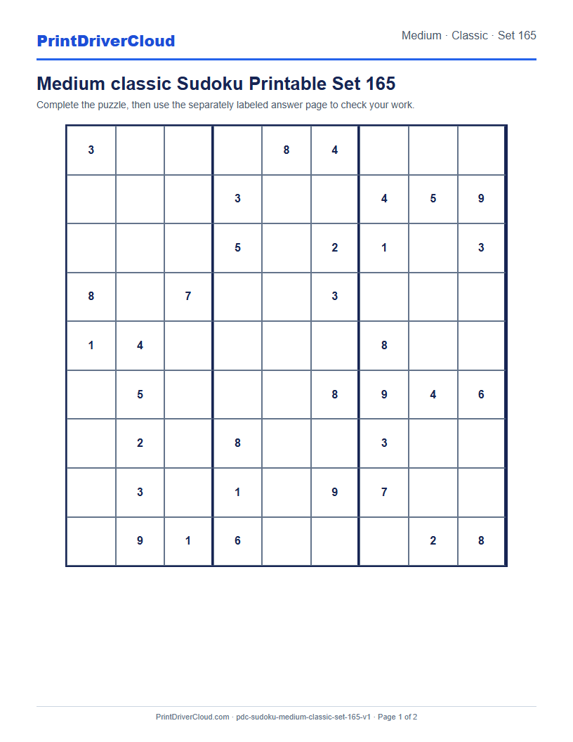 Preview of Medium classic Sudoku Printable Set 165