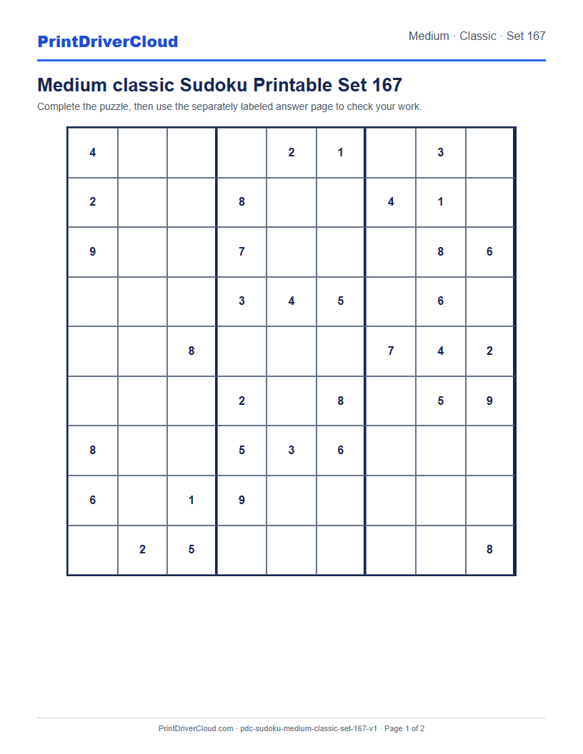Preview of Medium classic Sudoku Printable Set 167