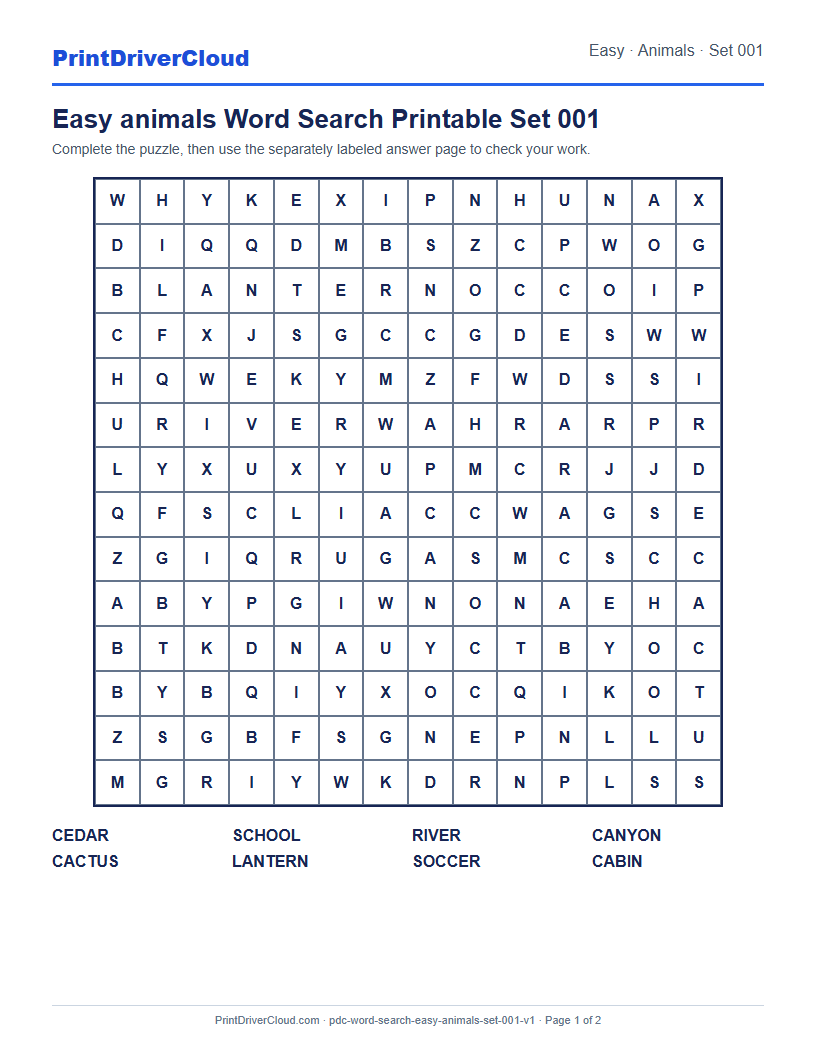 Preview of Easy animals Word Search Printable Set 001