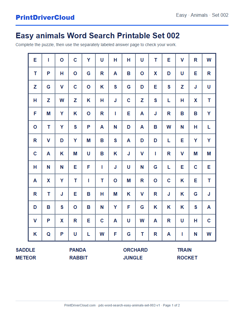 Preview of Easy animals Word Search Printable Set 002